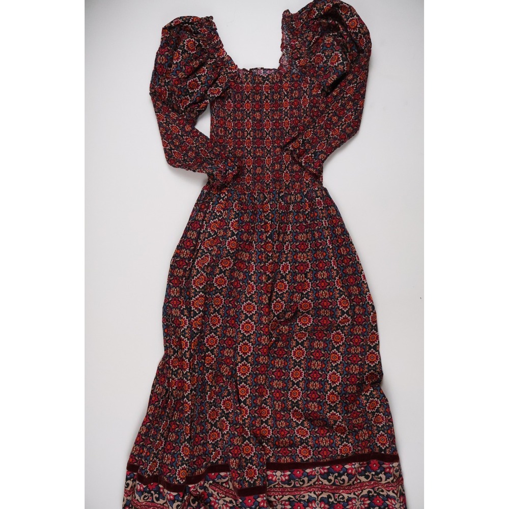 Ro's Garden Floral Smocked Puff Sleeve Midi Dress Red XS Cotton